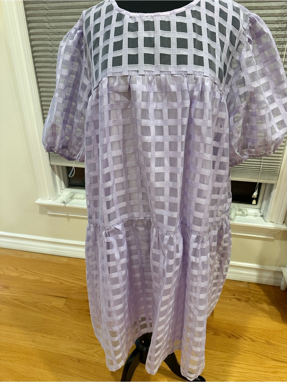 Chic Soul Lavender Checkered Puff Sleeve Babydoll Midi Dress 3X